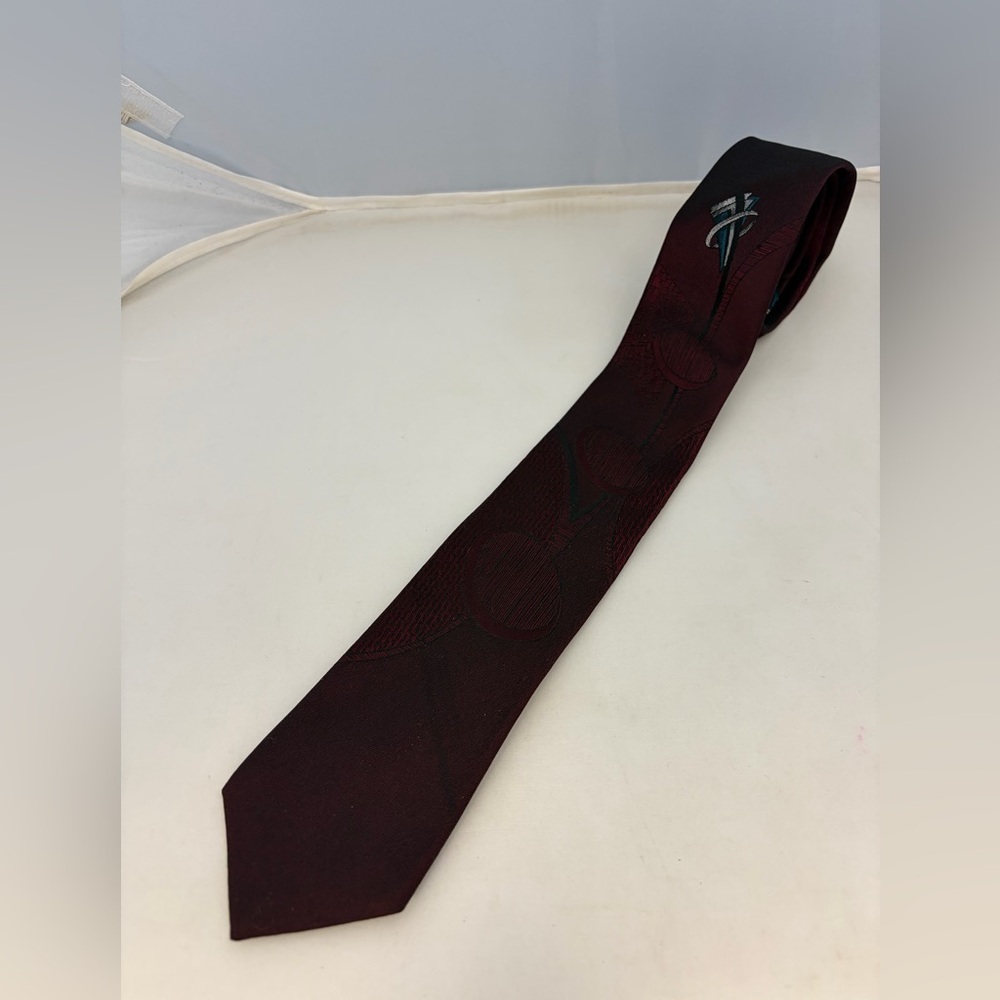 Vintage City Streets Burgandy Abstract Skinny Tie With Blue Silver Accents